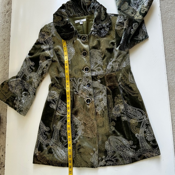 IC Paris Velvet olive Green Silver Paisley Print Silk Blazer Dressy Coat Size 4 - Picture 9 of 9